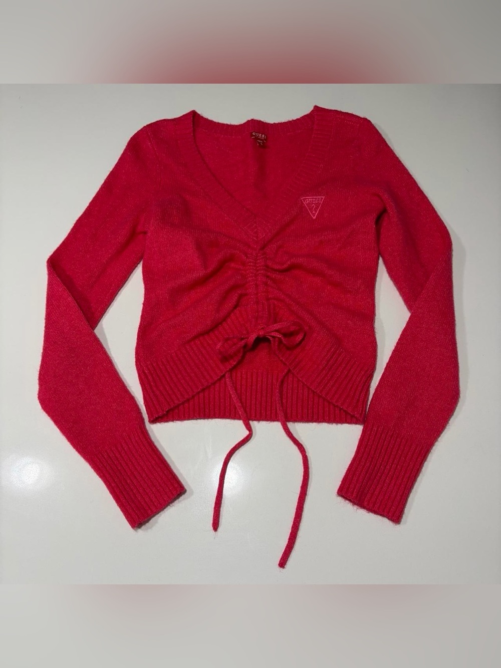 Guess Hot Pink V-Neck Ruched Drawstring Sweater - Picture 5 of 8